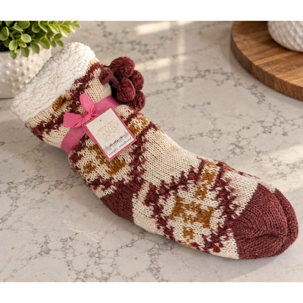 Camper Cozy Aztec Red Slipper Socks Plush Lined Fair Isle Knit NWT